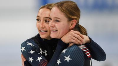 Kristen Santos-Griswold L and Corinne Stoddard of the United States celebrate after the women's 1000m final at the ISU World Cup Short Track Speed Skating series in Beijing, China, Dec. 10, 2023. (Photo by Chen Zhonghao/Xinhua via Getty Images)