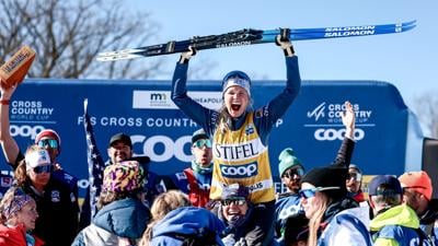 MINNEAPOLIS, MINNESOTA - FEBRUARY 18: Jessie Diggins of the United States on the podium after placing third in the FIS World Cup Cross - Country Minneapolis - 10km on February 18, 2024 in Minneapolis, Minnesota. (Photo by Federico Modica/NordicFocus/Get...